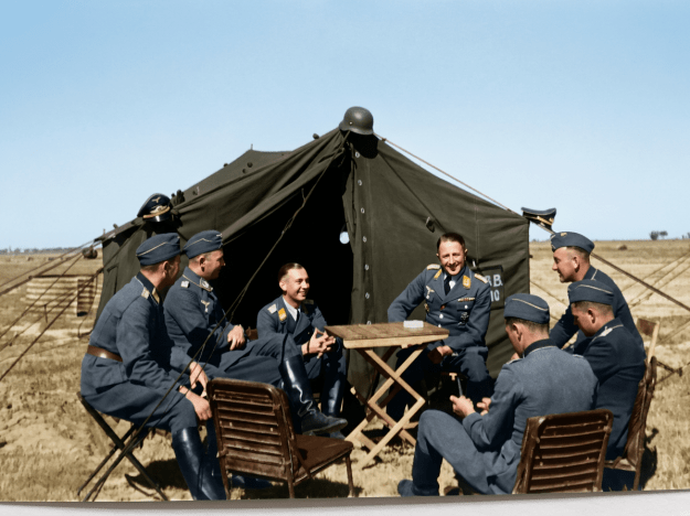 Oberleutnant Herrmann with fellow officers of the II./Flak-Lehr-Regiment at their camp by the beach near Saloniki.